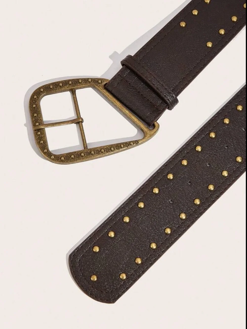 Brown Studded Wide Leather Belt with Antique Gold Buckle
